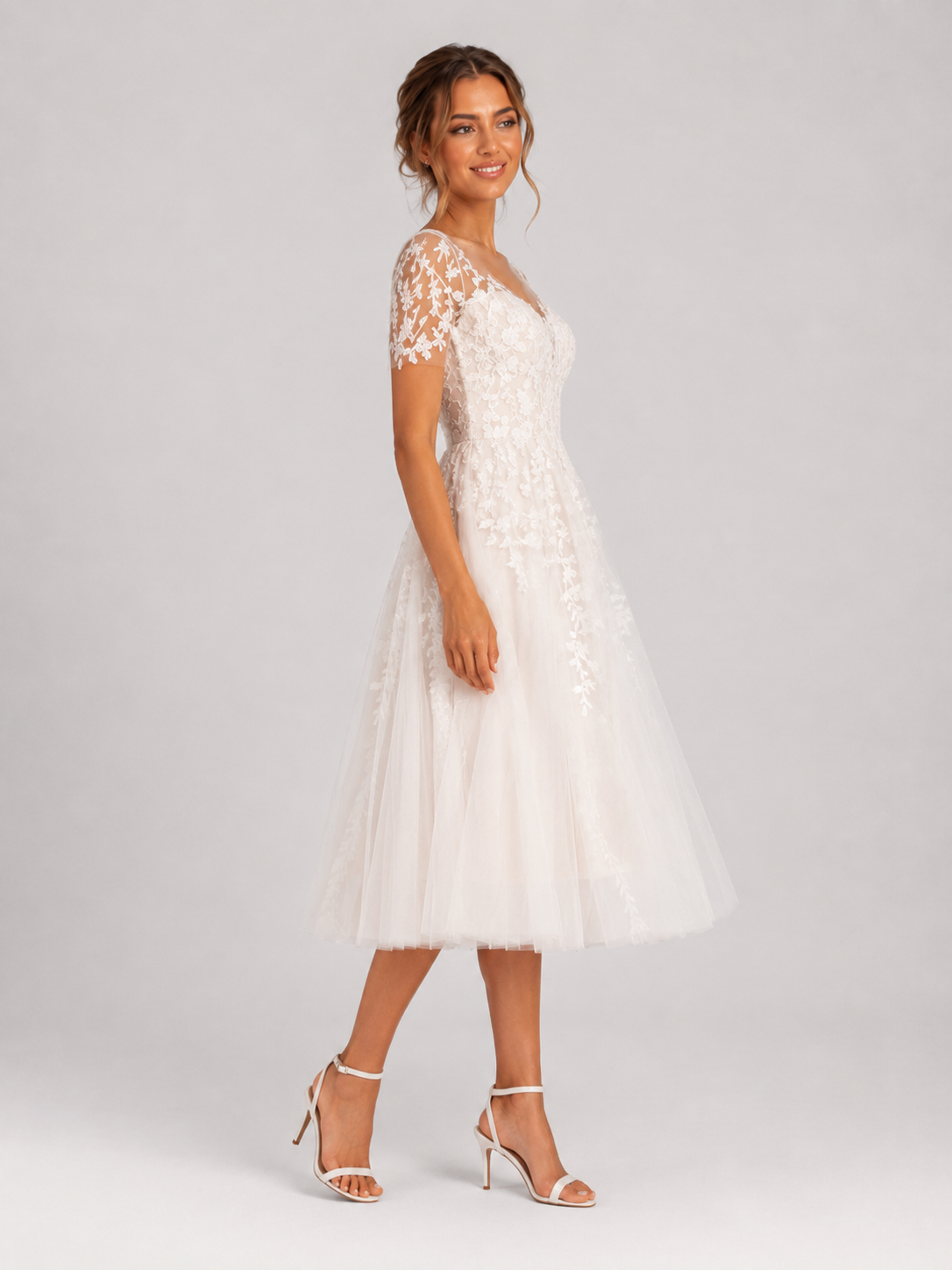 Elegant Short Sleeve Illusion Sweetheart Lace Tea-Length Wedding Dress with Button-Back Detail