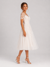 Elegant Short Sleeve Illusion Sweetheart Lace Tea-Length Wedding Dress with Button-Back Detail