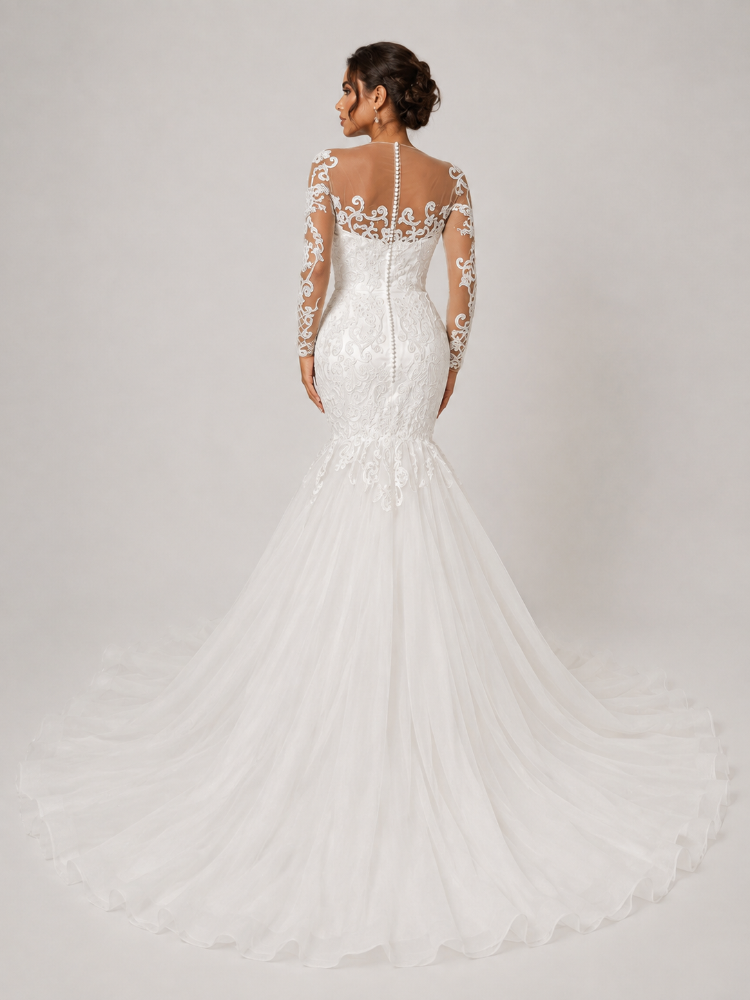 Elegant Long-Sleeve Illusion Lace Mermaid Wedding Dress with Chapel Train
