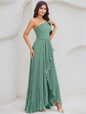 Mist Blue A Line Chiffon One Shoulder Sleeveless Asymmetrical Length Dress With Slit