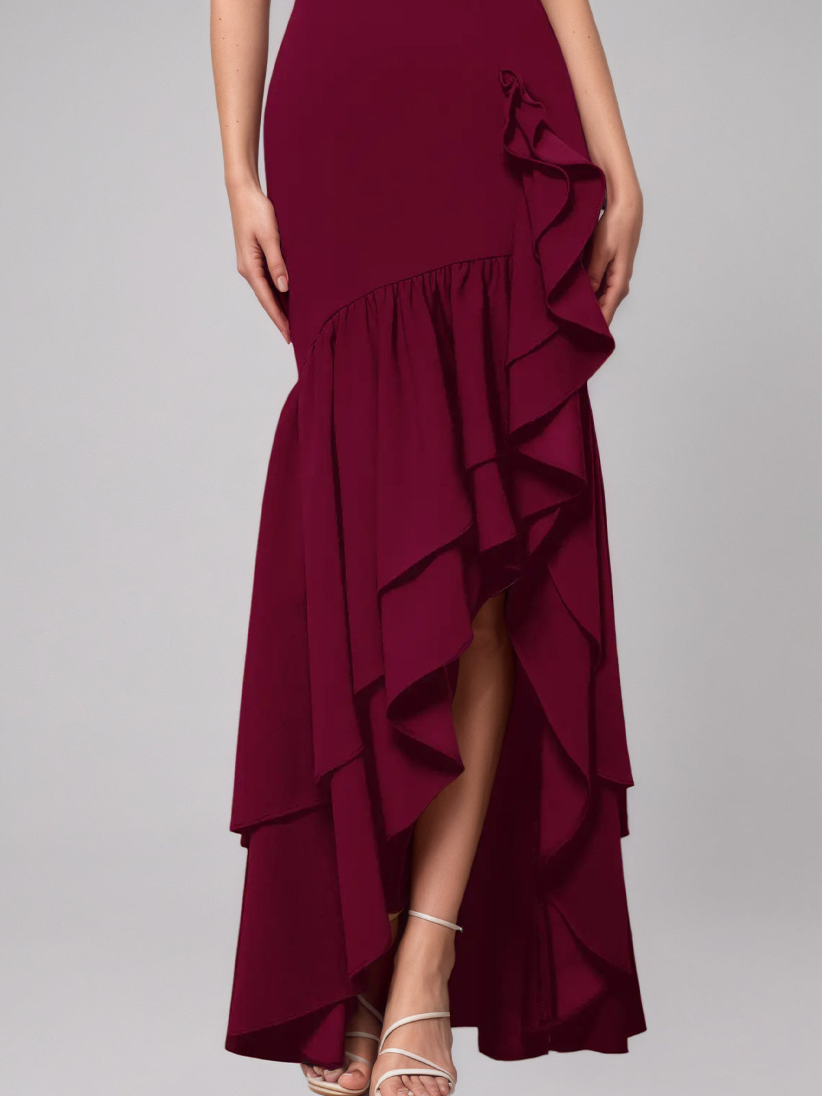 Cabernet Sheath/Column Chiffon Off The Shoulder Sleeveless Floor Length Dress With Ruffles
