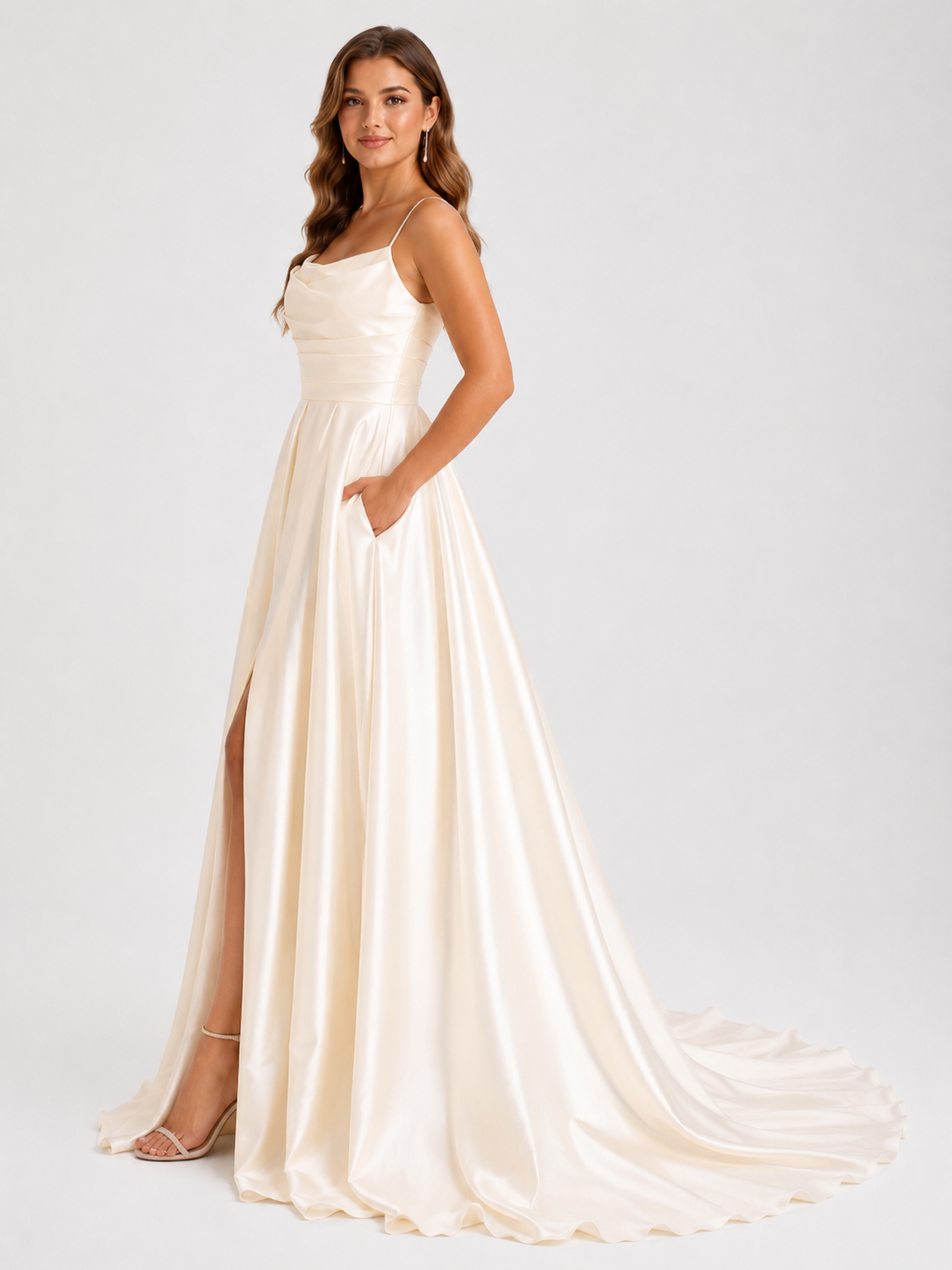 Elegant Cowl Neck Satin A-Line Wedding Dress with High Slit and Chapel Train