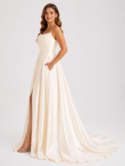 Elegant Cowl Neck Satin A-Line Wedding Dress with High Slit and Chapel Train