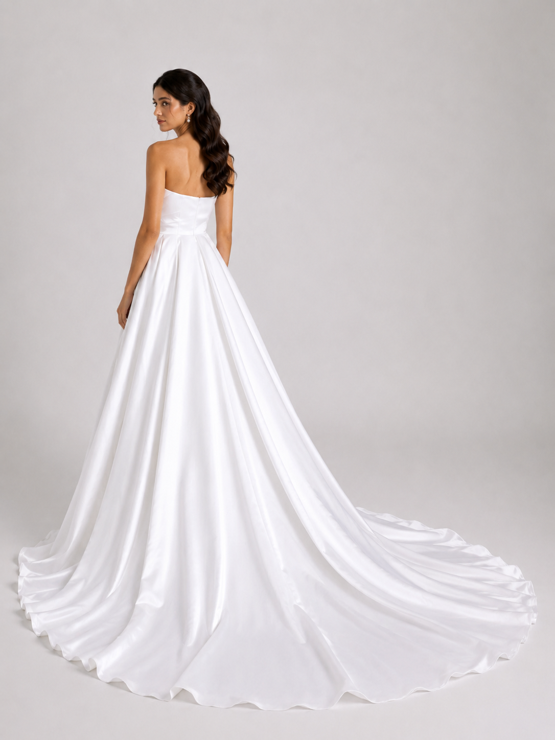 Elegant Strapless Ruched Satin A-Line Wedding Dress with Chapel Train