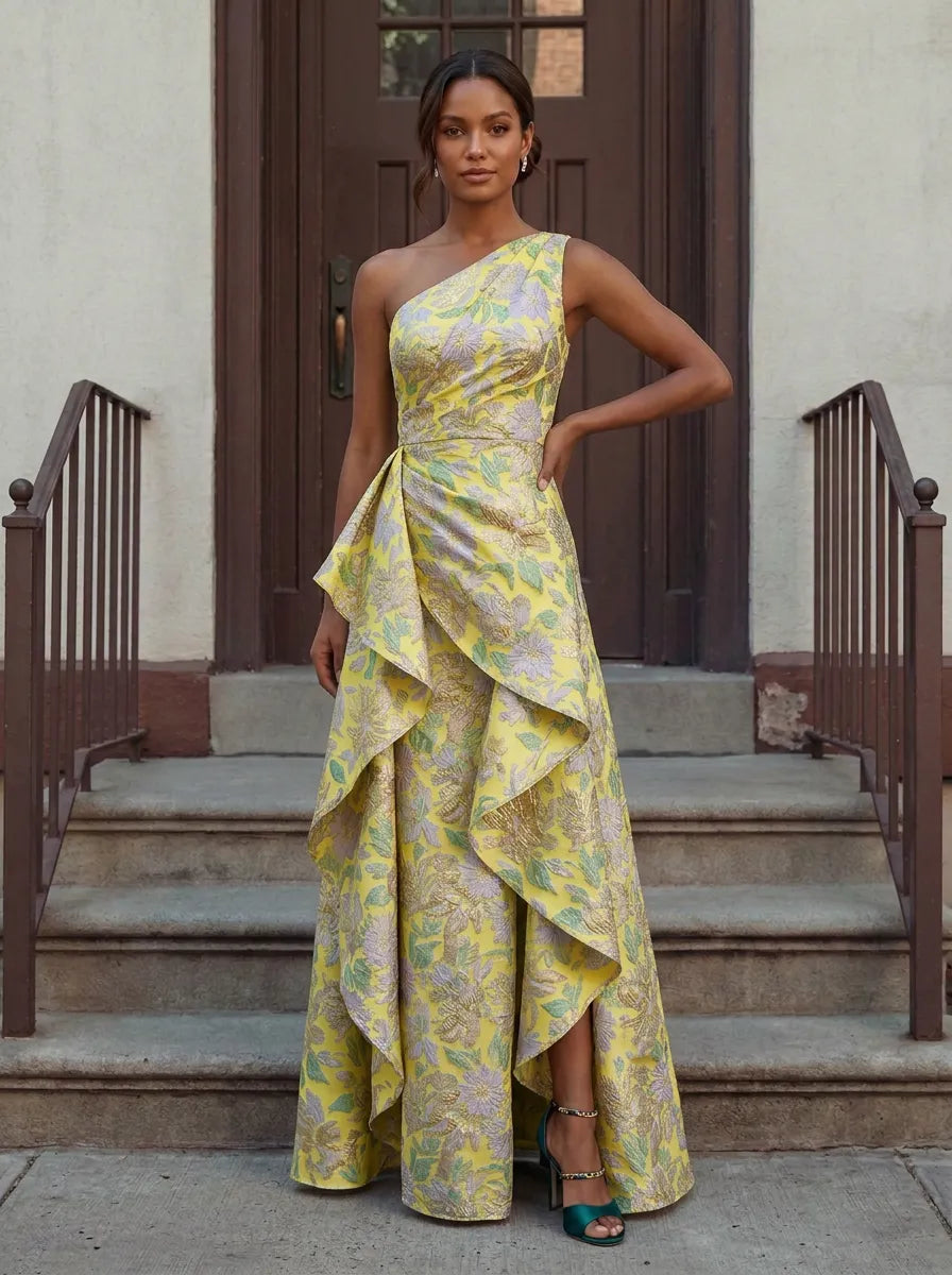 One-Shoulder Floral Brocade Cascading Ruffle Evening Dress