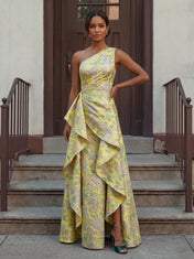 One-Shoulder Floral Brocade Cascading Ruffle Evening Dress