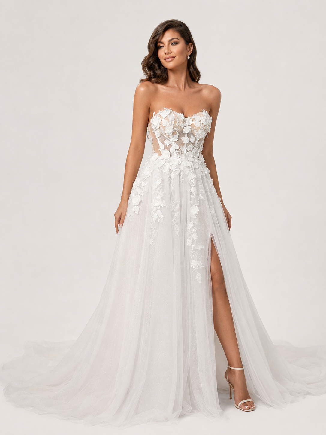 Elegant Strapless 3D Floral Appliquéd Tulle A-Line Wedding Dress with High Slit and Chapel Train