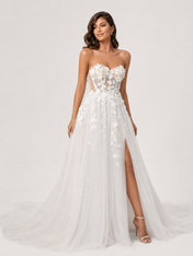 Elegant Strapless 3D Floral Appliquéd Tulle A-Line Wedding Dress with High Slit and Chapel Train