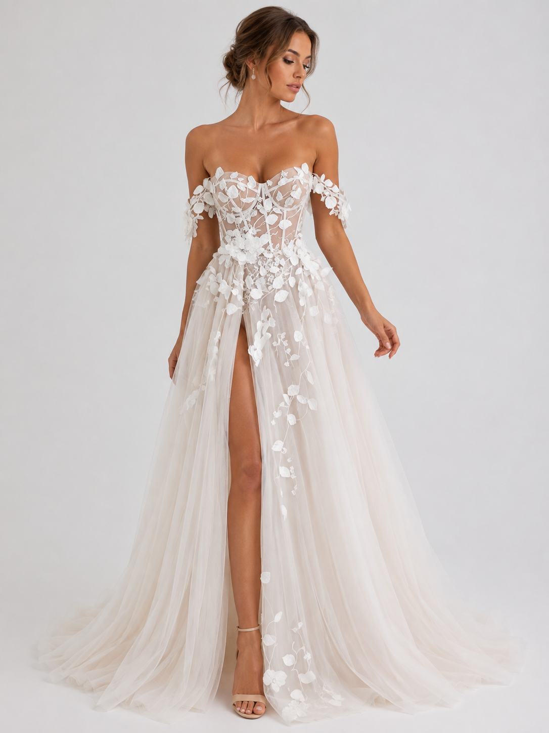 Elegant Off-the-Shoulder 3D Floral Applique Tulle A-Line Wedding Dress with High Slit and Chapel Train