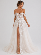 Elegant Off-the-Shoulder 3D Floral Applique Tulle A-Line Wedding Dress with High Slit and Chapel Train