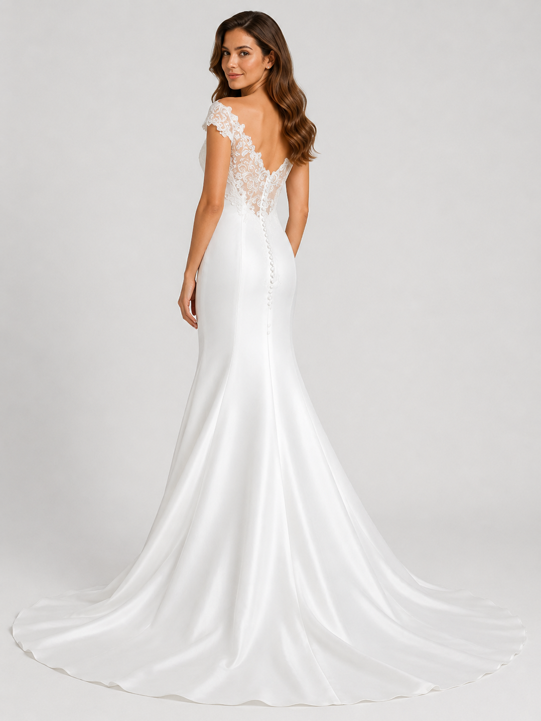 Elegant Off-the-Shoulder Lace-Embellished Satin Mermaid Wedding Dress with Chapel Train