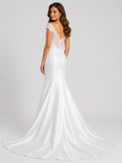 Elegant Off-the-Shoulder Lace-Embellished Satin Mermaid Wedding Dress with Chapel Train