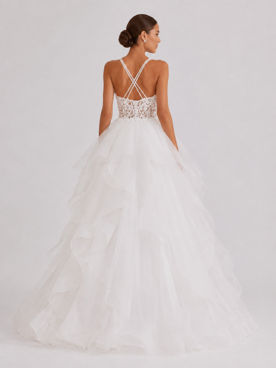Elegant V-Neck Tiered Ruffle Tulle Ball Gown Wedding Dress with Crisscross Straps