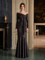Dark Charcoal Off-the-Shoulder Draped Mermaid Evening Dress