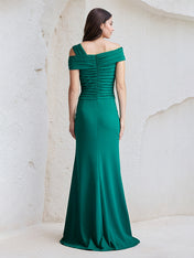 Jade Sheath Asymmetrical Neck Chiffon Long Pleated Bridesmaid Dress With Slit