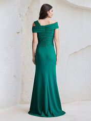 Jade Sheath Asymmetrical Neck Chiffon Long Pleated Bridesmaid Dress With Slit