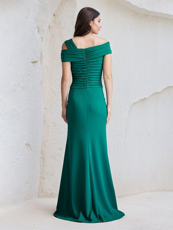 Jade Sheath Asymmetrical Neck Chiffon Long Pleated Bridesmaid Dress With Slit
