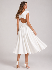 Elegant V-Neck Ruched Satin A-Line Wedding Dress with Open Back and Midi Hem