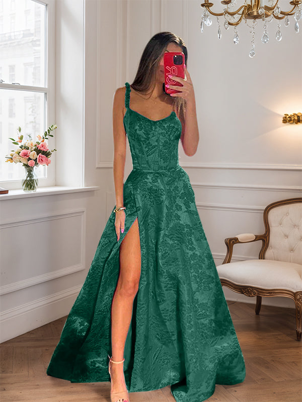 Hot Pink A Line Floral Long Prom Dress with High Slit