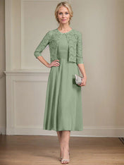 A-line Scoop Tea-Length Chiffon Mother of the Bride Dress With Pleated