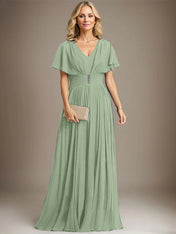 A-line V-Neck Floor-Length Chiffon Mother of the Bride Dress With Crystal Brooch Pleated