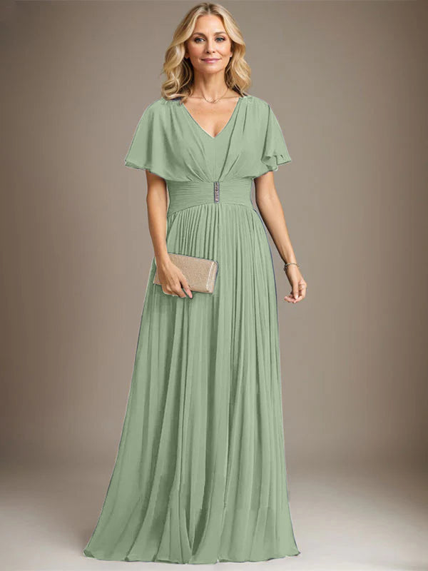 A-line V-Neck Floor-Length Chiffon Mother of the Bride Dress With Crystal Brooch Pleated