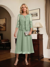 A-line Scoop Tea-Length Lace Chiffon Mother of the Bride Dress With Sequins