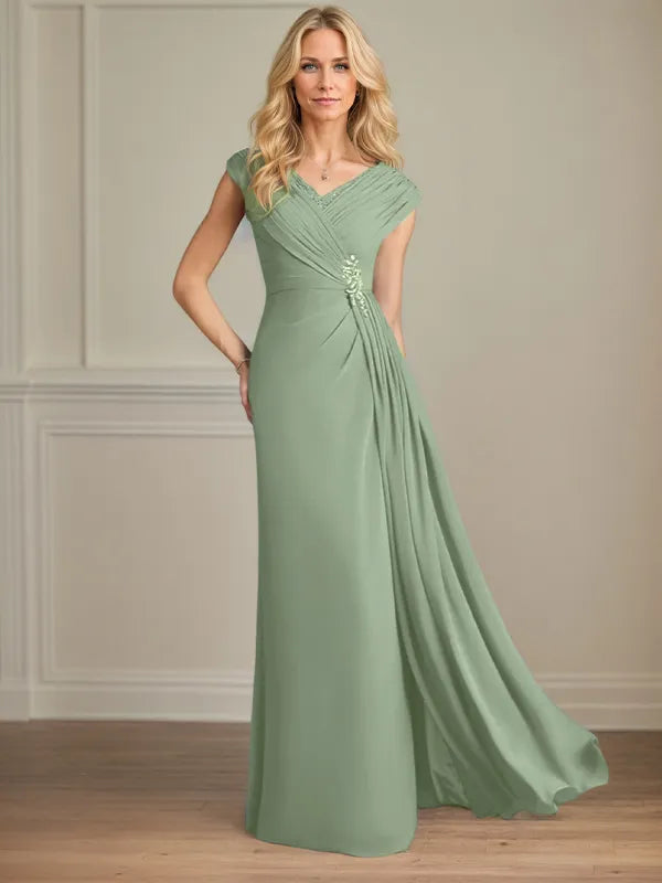 Column Chiffon V Neck Sleeveless Floor Length Mother of the Bride Dresses