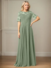 A Line Chiffon Scoop Neck Short Sleeves Floor Length Mother of the Bride Dresses