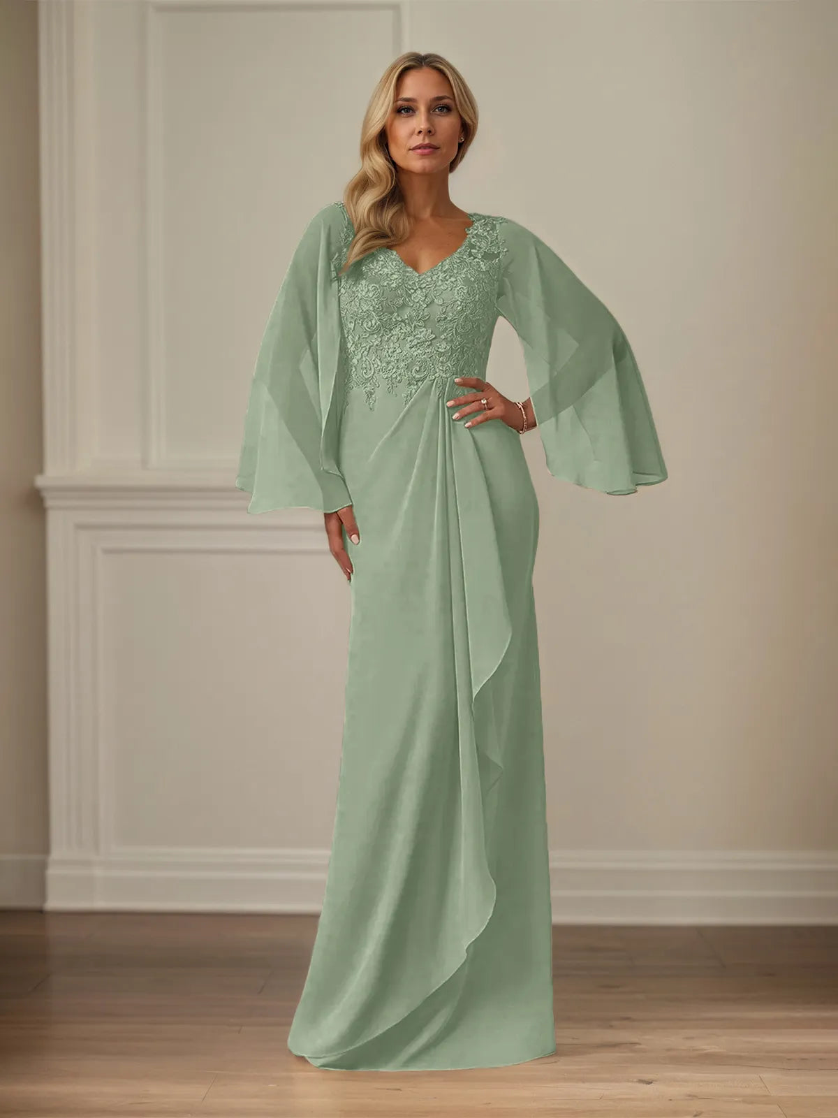Column Chiffon V Neck Long Sleeves Floor Length Mother of the Bride Dresses With Appliques
