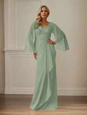 Sheath/Column Chiffon V Neck Long Sleeves Floor Length Mother of the Bride Dresses With Appliques