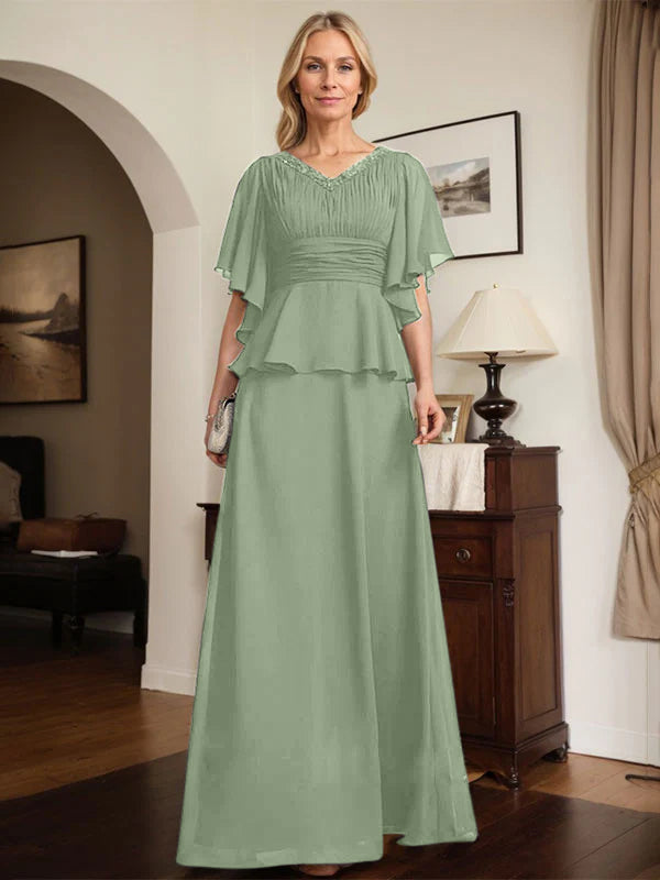 A-line V-Neck Floor-Length Chiffon Mother of the Bride Dress With Pleated Beading