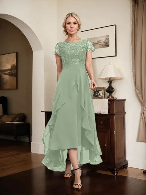 A-line Scoop Illusion Asymmetrical Chiffon Lace Mother of the Bride Dress With Bow Ruffle Sequins