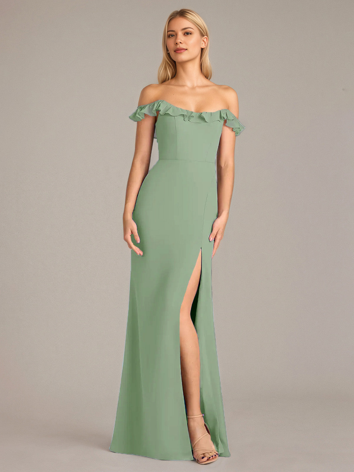 Column Chiffon Off The Shoulder Sleeveless Floor Length Dresses With Ruffles