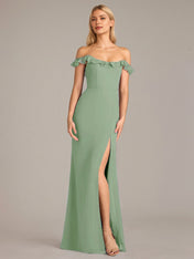 Sheath/Column Chiffon Off The Shoulder Sleeveless Floor Length Dresses With Ruffles