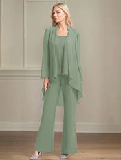 Chiffon Scoop Neck Long Sleeves Floor Length Mother Of The Bride Pantsuits
