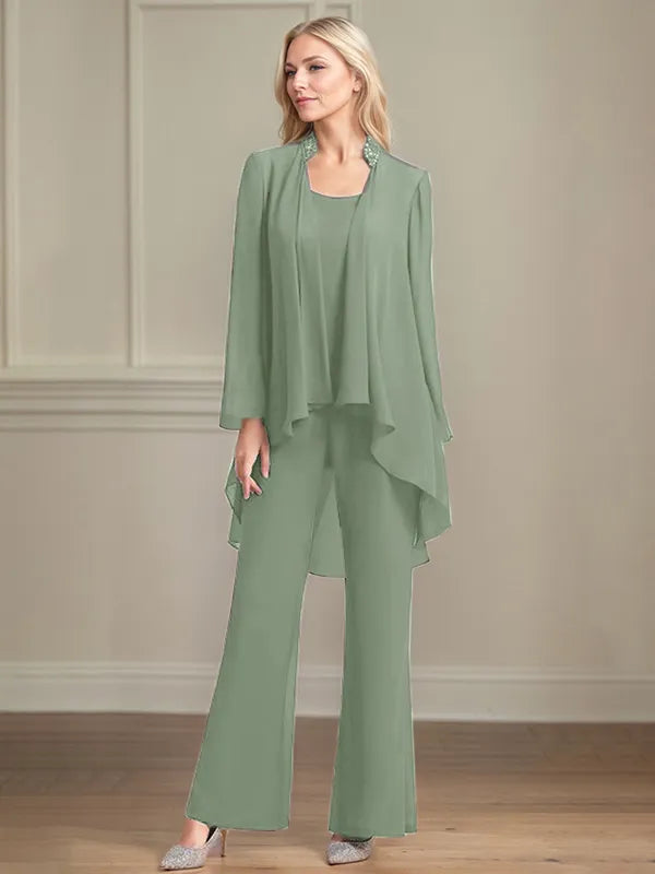 Chiffon Scoop Neck Long Sleeves Floor Length Mother Of The Bride Pantsuits