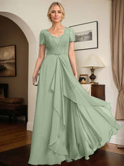 A-line Sweetheart Floor-Length Chiffon Lace Mother of the Bride Dress With Beading Cascading Ruffles