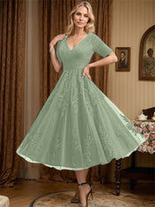 A-line V-Neck Tea-Length Tulle Lace Mother of the Bride Dress With Pleated