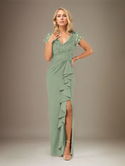 Sheath/Column V Neck Short Sleeve Floor Length Chiffon Dress With Cascading Ruffles