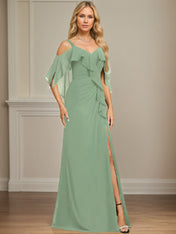 Sheath/Column Cold Shoulder V-Neck Floor-Length Chiffon Dress With Cascading Ruffles Sequins Beading