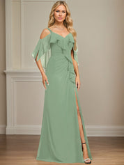 Sheath/Column Cold Shoulder V-Neck Floor-Length Chiffon Dress With Cascading Ruffles Sequins Beading