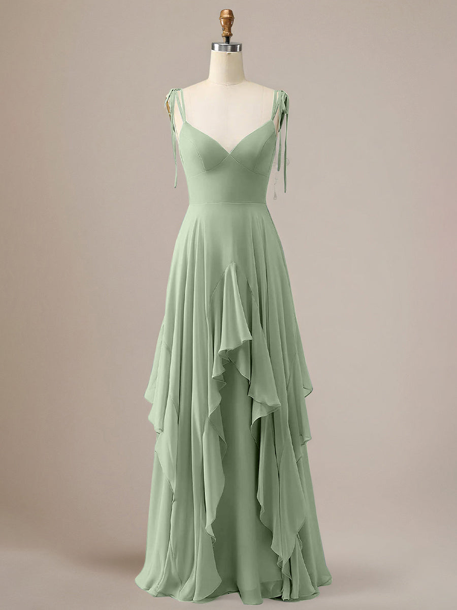 Elegant Dusty Blue A Line Spaghetti Straps Chiffon Long Bridesmaid Dress with Ruffles