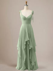 Elegant Dusty Blue A Line Spaghetti Straps Chiffon Long Bridesmaid Dress with Ruffles