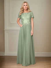 A Line Chiffon Boat Neck Short Sleeves Floor Length Pleated Mother of the Bride Dresses