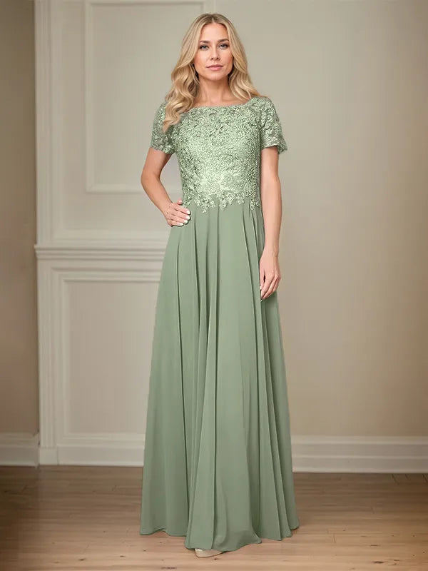A Line Chiffon Boat Neck Short Sleeves Floor Length Pleated Mother of the Bride Dresses