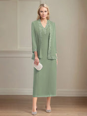 Sheath/Column Chiffon V Neck 3/4 Sleeves Tea Length Mother Of The Bride Dress