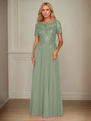 A Line Chiffon Boat Neck Short Sleeves Floor Length Mother of the Bride Dresses