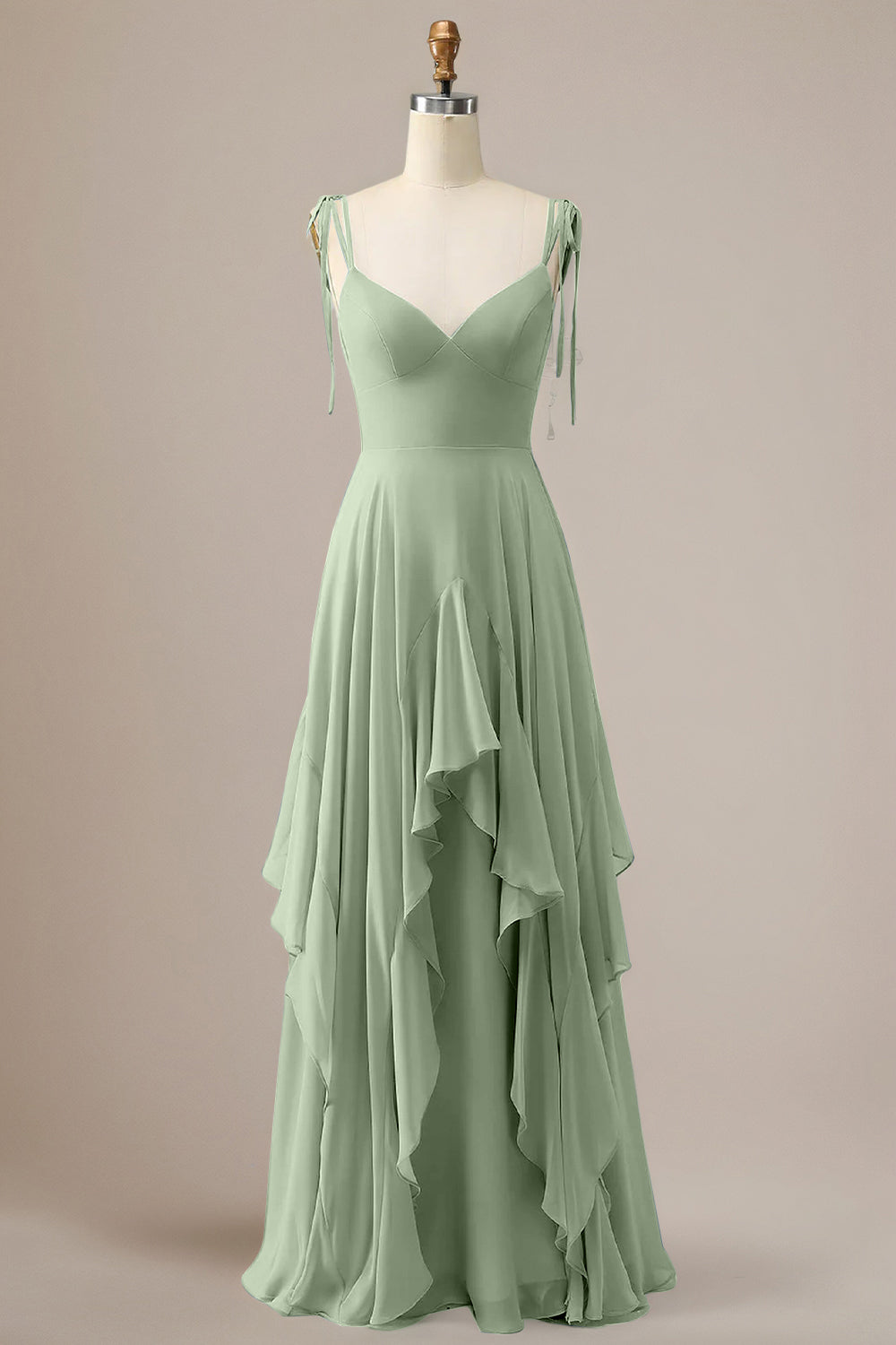 Elegant Dusty Blue A Line Spaghetti Straps Chiffon Long Bridesmaid Dress with Ruffles