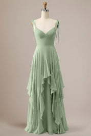 Elegant Dusty Blue A Line Spaghetti Straps Chiffon Long Bridesmaid Dress with Ruffles